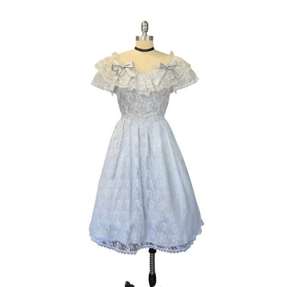Gunne Sax Vintage 80s Lace Princess Dress Size S Ice Blue Bows Fairy Ruffle - Picture 2 of 12